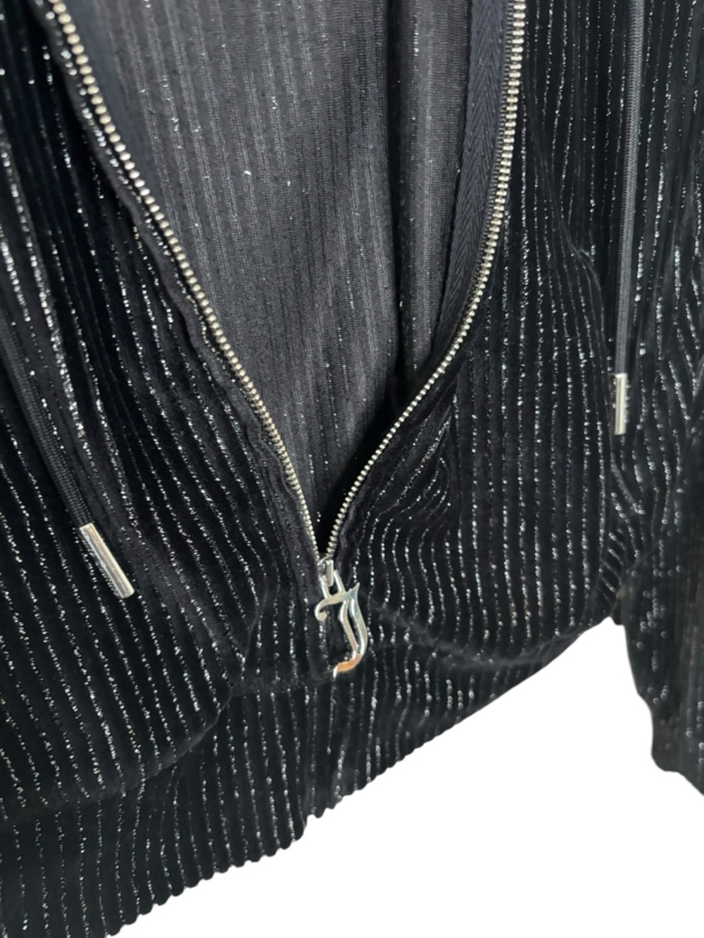 Juicy Couture Black Metallic Ribbed Velour Zip Hoodie Cropped Size S Y2K - Picture 9 of 10